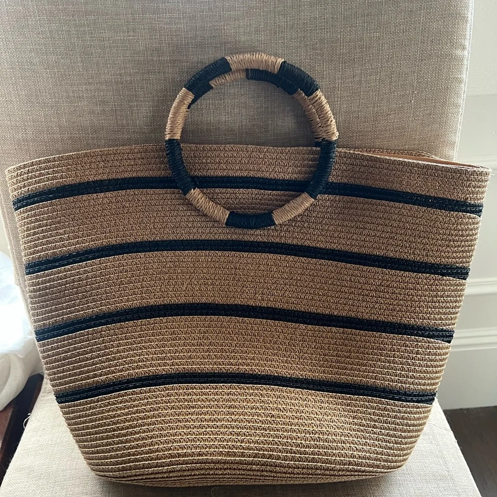 Stylish Tan and Black Woven Tote Bag